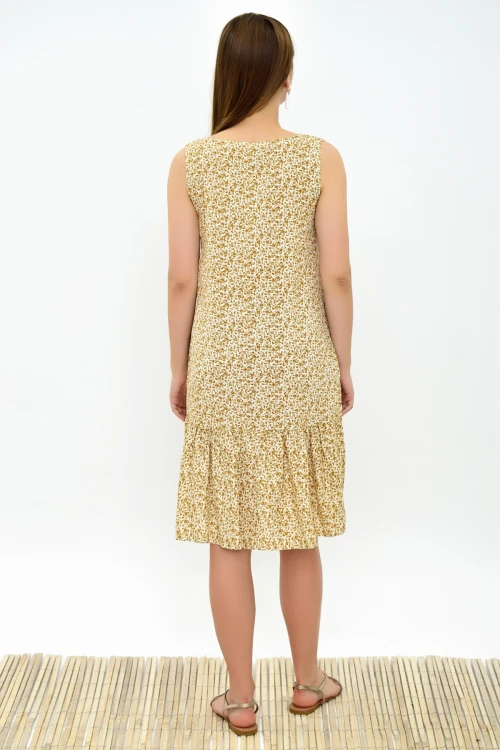 Ekru Sarı Fırfırlı Cepli Kolsuz Dokuma Elbise CO-2593030322