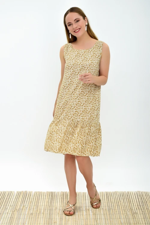 Ekru Sarı Fırfırlı Cepli Kolsuz Dokuma Elbise CO-2593030322