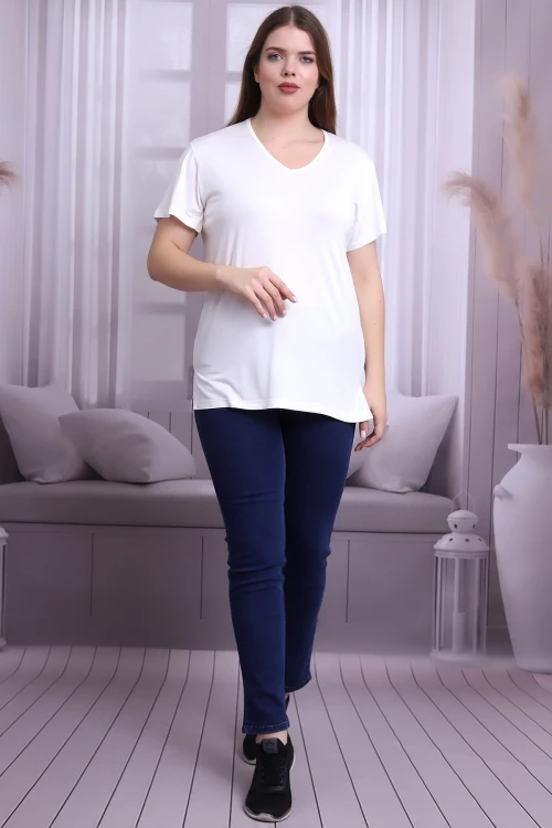 Ekru V Yaka Kısa Kol Büyük Beden Bluz CO-25B21399902