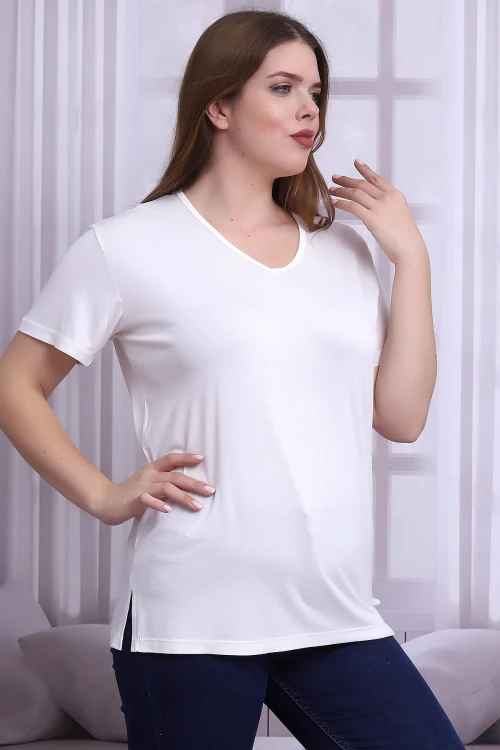 Ekru V Yaka Kısa Kol Büyük Beden Bluz CO-25B21399902
