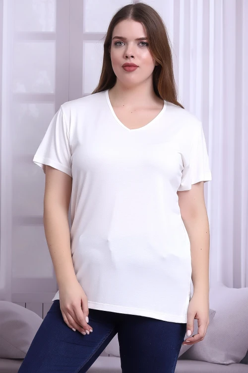 Ekru V Yaka Kısa Kol Büyük Beden Bluz CO-25B21399902