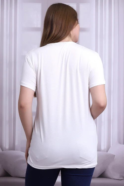 Ekru V Yaka Kısa Kol Büyük Beden Bluz CO-25B21399902