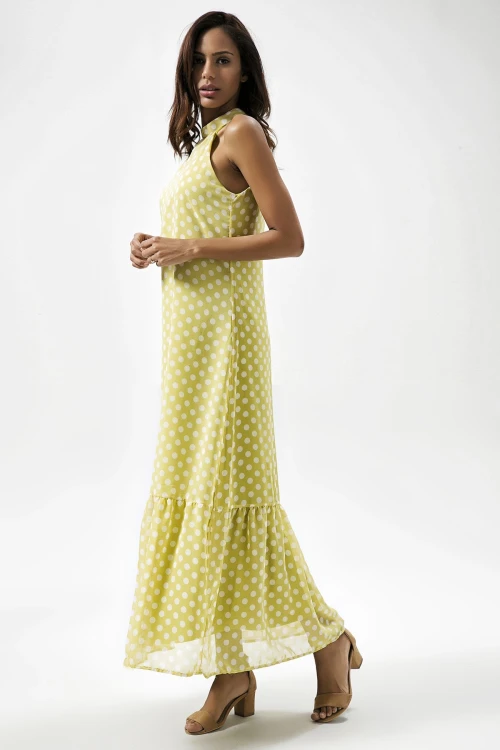 Fıstık Yeşil Halter Yaka Puantiyeli Kolsuz Uzun Elbise BCBSK-25650-2327