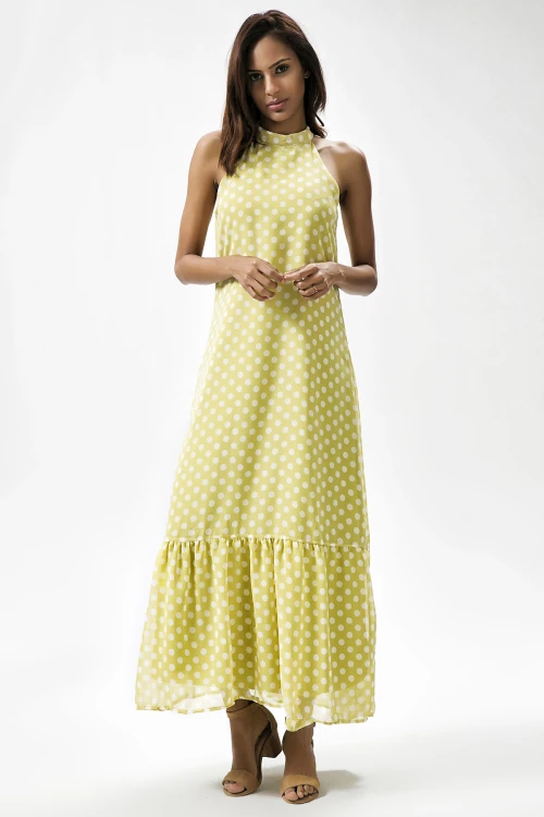 Fıstık Yeşil Halter Yaka Puantiyeli Kolsuz Uzun Elbise BCBSK-25650-2327