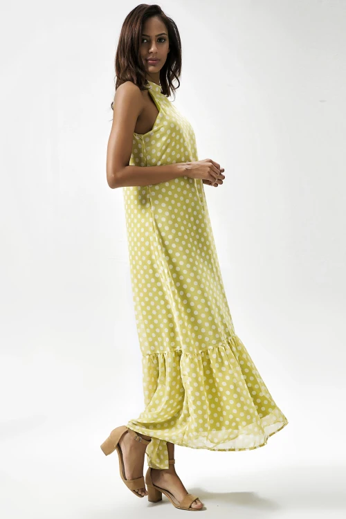 Fıstık Yeşil Halter Yaka Puantiyeli Kolsuz Uzun Elbise BCBSK-25650-2327