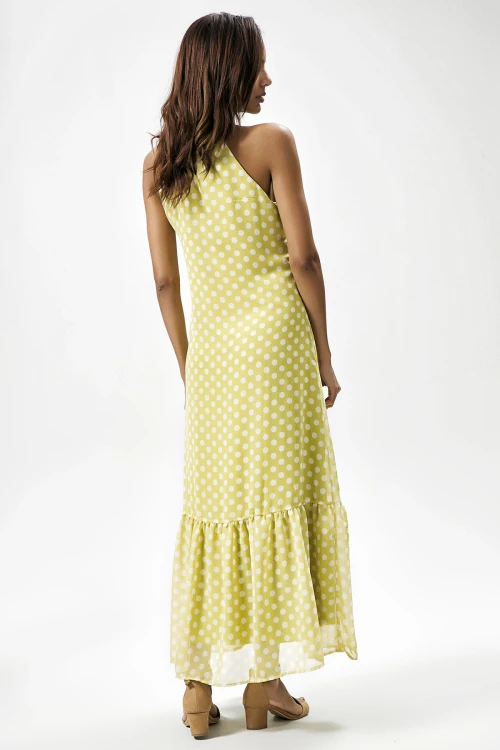 Fıstık Yeşil Halter Yaka Puantiyeli Kolsuz Uzun Elbise BCBSK-25650-2327