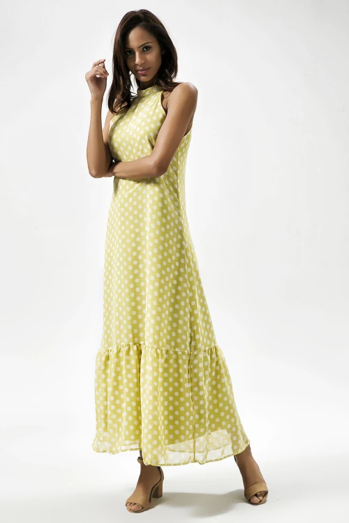 Fıstık Yeşil Halter Yaka Puantiyeli Kolsuz Uzun Elbise BCBSK-25650-2327