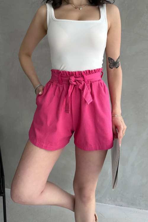 Fuşya Rahat Kesim Beli Büzgülü Cepli Şort BCDF-233304