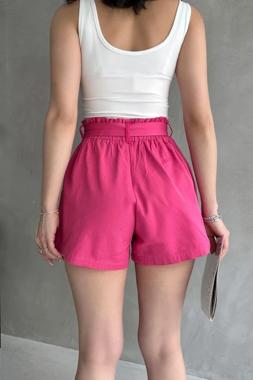Fuşya Rahat Kesim Beli Büzgülü Cepli Şort BCDF-233304