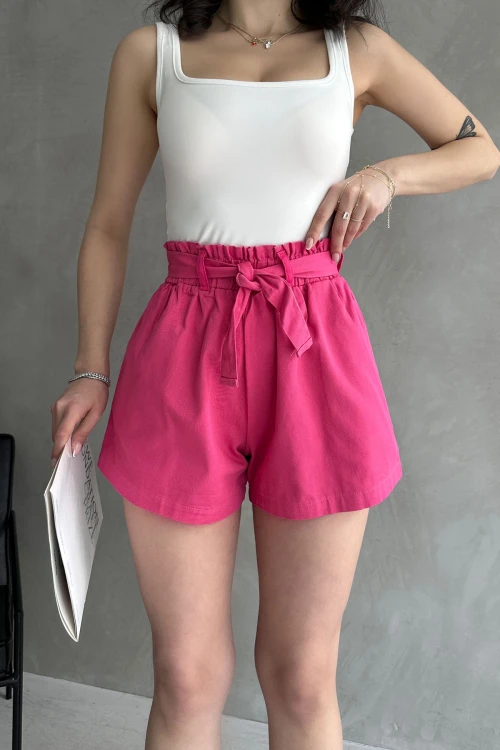 Fuşya Rahat Kesim Beli Büzgülü Cepli Şort BCDF-233304