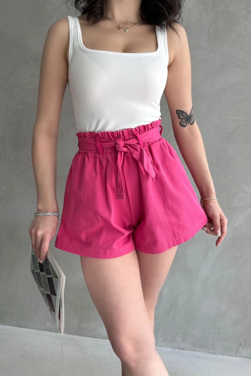 Fuşya Rahat Kesim Beli Büzgülü Cepli Şort BCDF-233304
