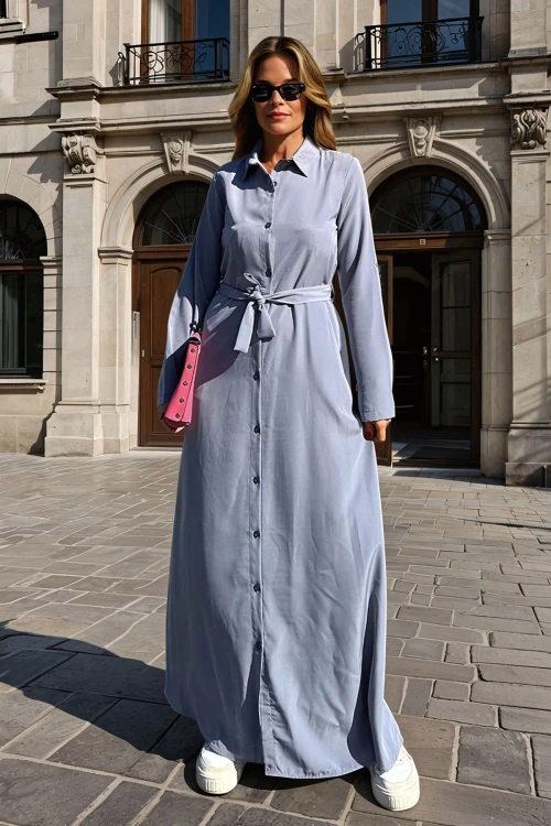 Gri Beli Bağlamalı Uzun Elbise BCBSK-25700-3576