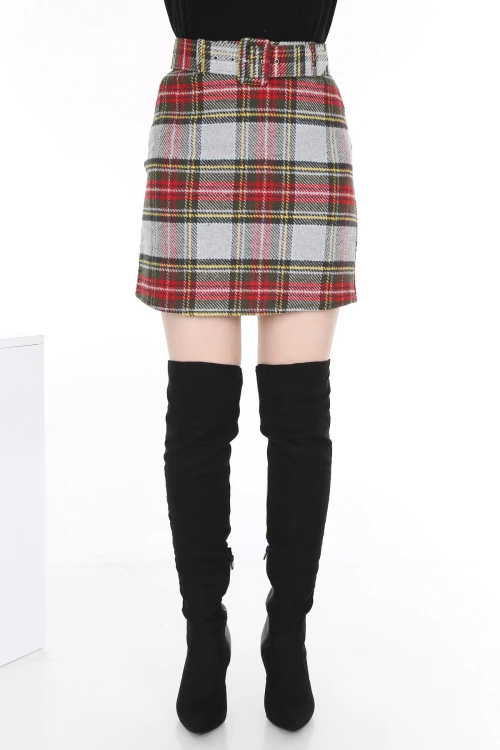 Gri Ekose Desenli Mini Etek BCBSK-25700-2504