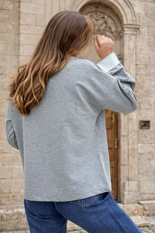 Gri Yumuşak Dokulu Oversize Bluz BCBSK-25700-3470