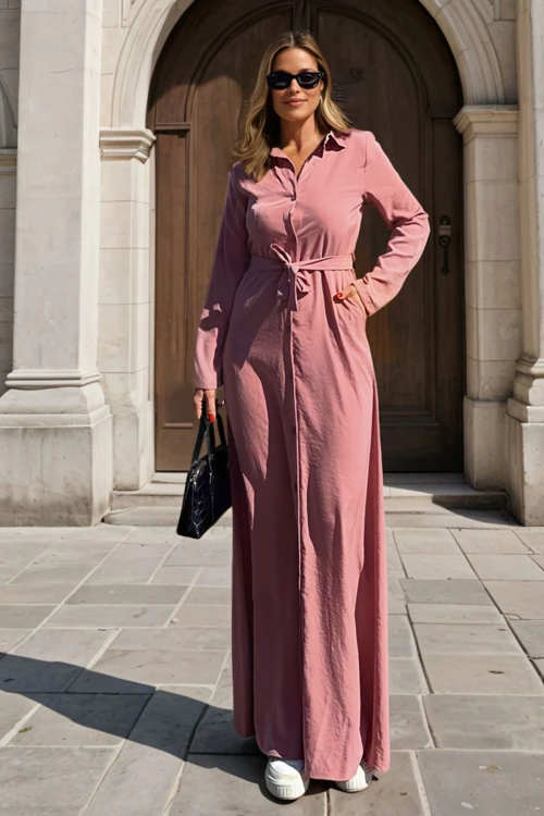 Gül Kurusu Beli Bağlamalı Uzun Elbise BCBSK-25700-3576