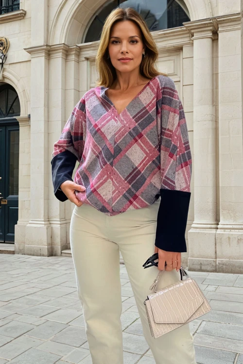 Gül Kurusu V Yaka Baklava Desen Color Block Yarasa Kol Kazak BCBSK-25700-3342