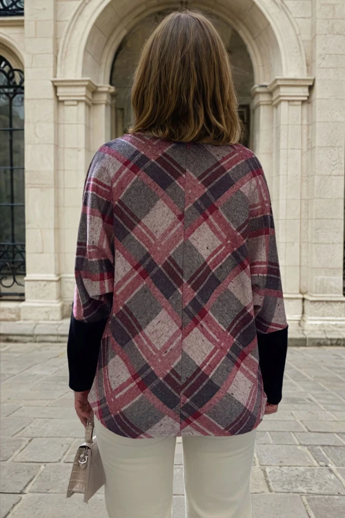 Gül Kurusu V Yaka Baklava Desen Color Block Yarasa Kol Kazak BCBSK-25700-3342