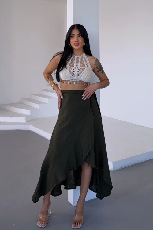 Haki Beli Bağlamalı Volanlı Kloş Muslin Dokuma Etek BCBT-251006