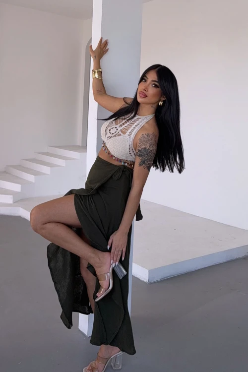 Haki Beli Bağlamalı Volanlı Kloş Muslin Dokuma Etek BCBT-251006