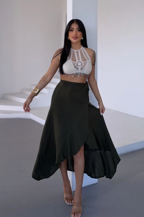 Haki Beli Bağlamalı Volanlı Kloş Muslin Dokuma Etek BCBT-251006