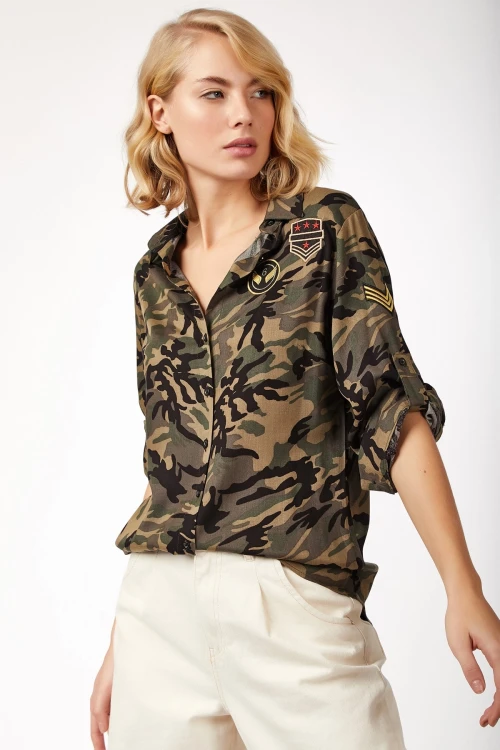 Haki Desenli Uzun Kol Gömlek BCBSK-25700-K4927