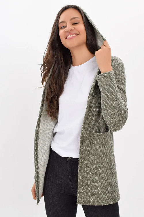 Haki Kapüşonlu Cepli Uzun Hırka CO-259420863