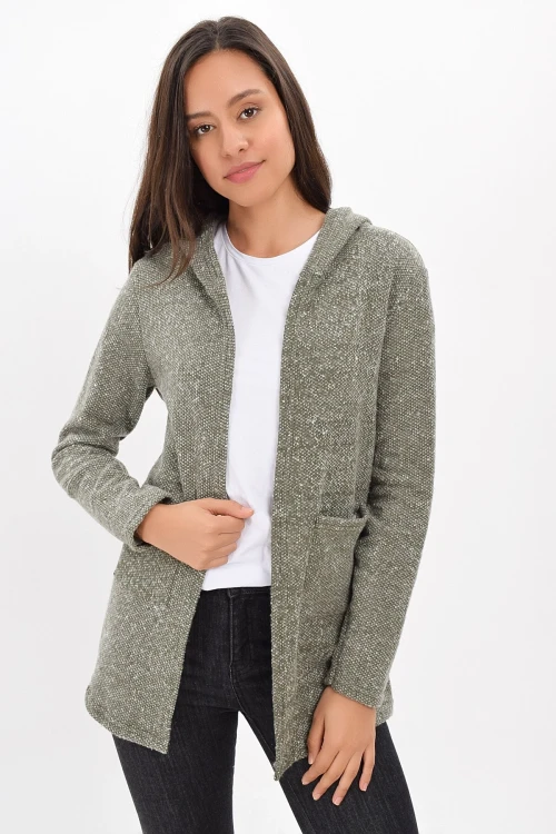 Haki Kapüşonlu Cepli Uzun Hırka CO-259420863