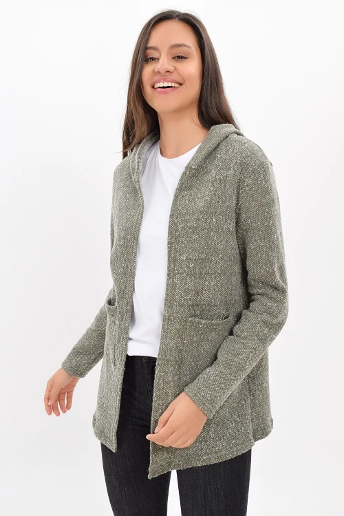 Haki Kapüşonlu Cepli Uzun Hırka CO-259420863