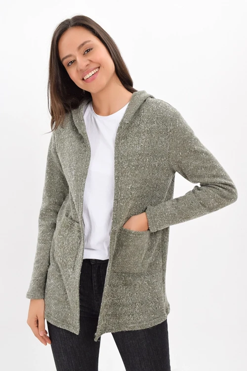 Haki Kapüşonlu Cepli Uzun Hırka CO-259420863