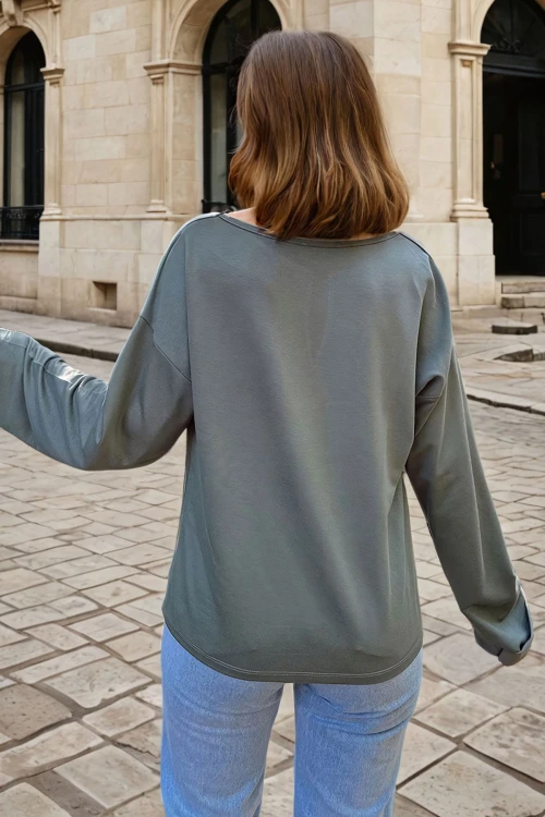 Haki Yumuşak Dokulu Oversize Bluz BCBSK-25700-3470