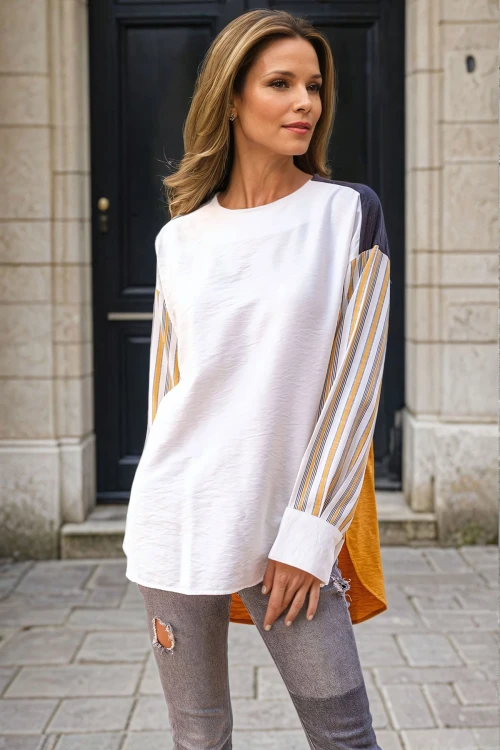 Hardal Keten Multi Garnili Color Block Salaş Bluz BCBSK-25700-3314