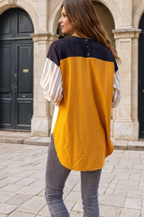 Hardal Keten Multi Garnili Color Block Salaş Bluz BCBSK-25700-3314