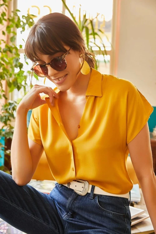 Hardal Kısa Kol Dokuma Gömlek BCBSK-25700-K5294