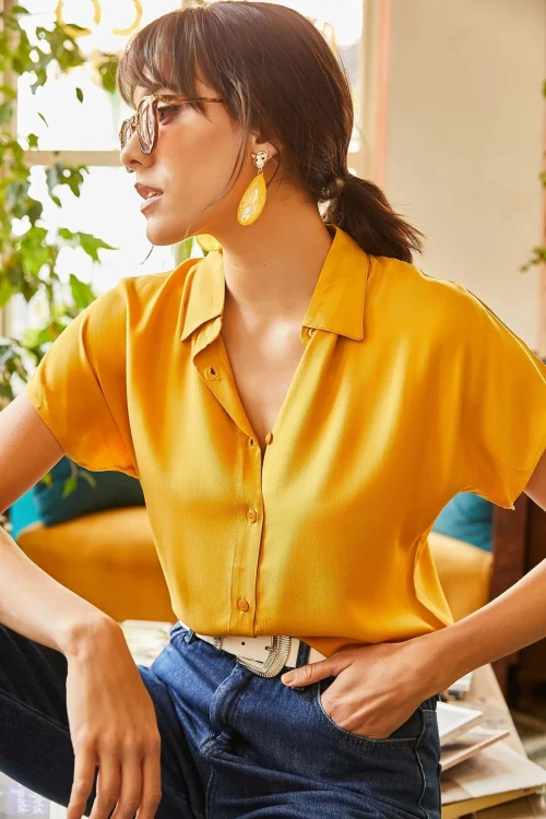 Hardal Kısa Kol Dokuma Gömlek BCBSK-25700-K5294