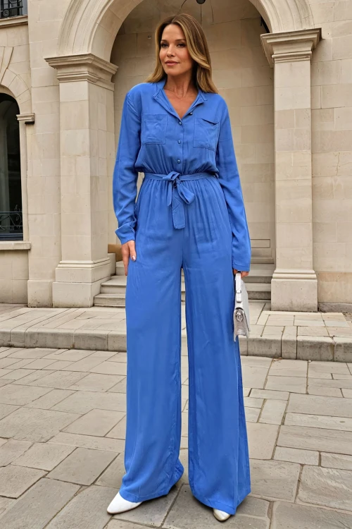 İndigo Kendinden Kemerli Beli Lastikli Yarım Pat Cepli Tulum BCBSK-25700-3297