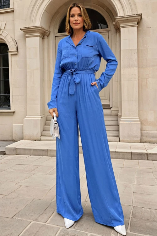 İndigo Kendinden Kemerli Beli Lastikli Yarım Pat Cepli Tulum BCBSK-25700-3297