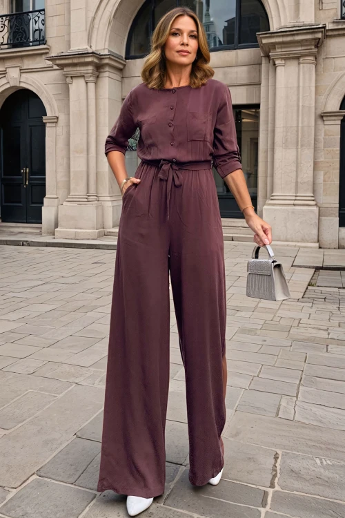 Kahve Kendinden Kemerli Beli Lastikli Yarım Pat Cepli Tulum BCBSK-25700-3297