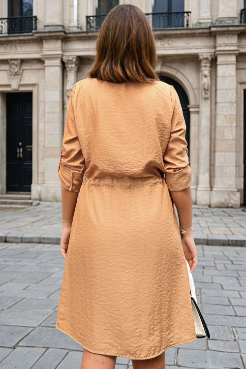 Karamel Modal Beli Bağlamalı Cepli Önü Düğmeli Salaş Elbise BCBSK-25700-3411