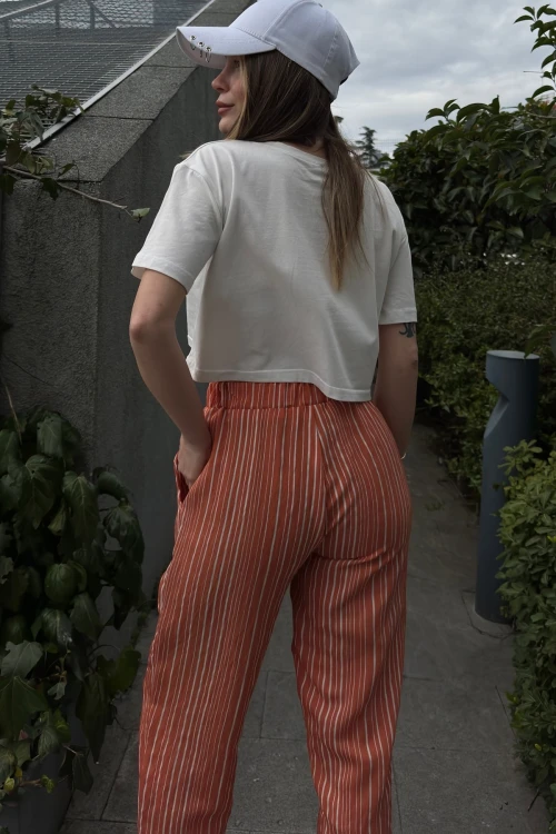 Kiremit Duble Paça Çizgili Dokulu Pantolon BCBSK-25700-3277