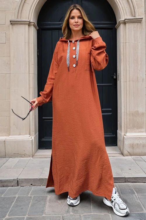 Kiremit Keten Kapüşonlu Yanı Yırtmaçlı Sırtı Baskılı Uzun Elbise BCBSK-25700-3225