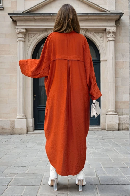 Kiremit Keten Yarasa Kol Salaş Cepli Gömlek Elbise BCBSK-25700-3282