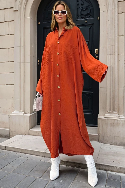 Kiremit Keten Yarasa Kol Salaş Cepli Gömlek Elbise BCBSK-25700-3282