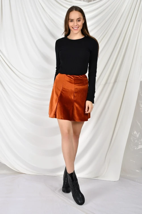 Kiremit Parçalı Lastikli Kısa Kadife Etek CO-259474746