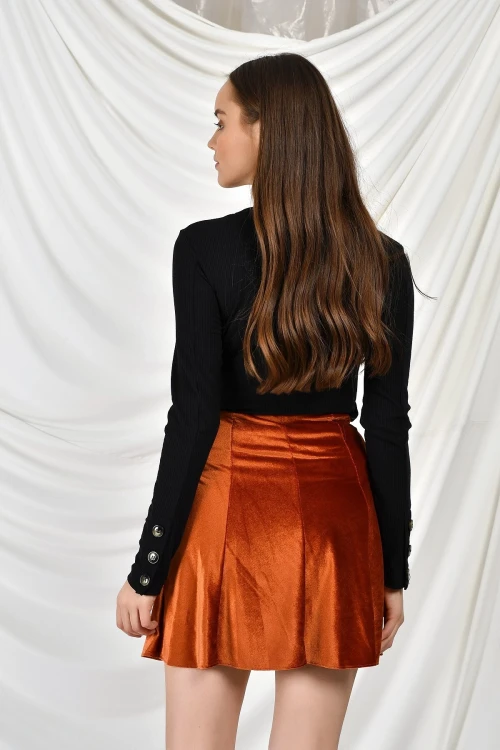 Kiremit Parçalı Lastikli Kısa Kadife Etek CO-259474746