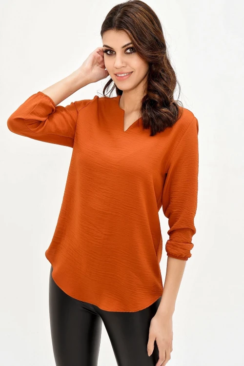Kiremit Yakası Yırtmaçlı Krep Bluz BCBSK-25700-2842