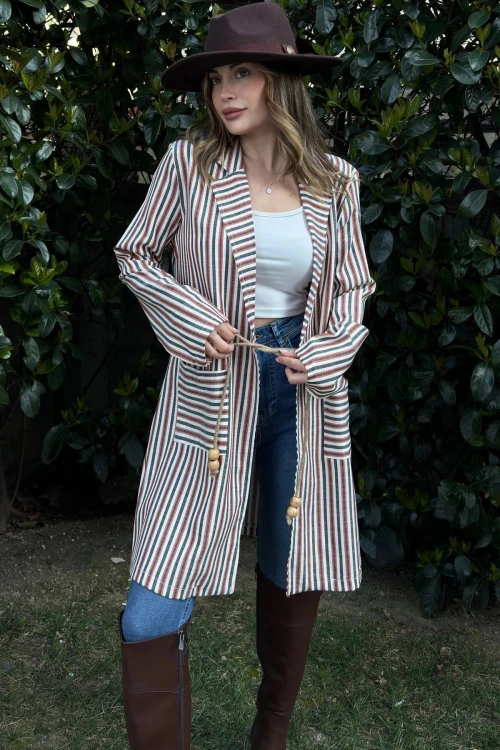 Kırmızı Çizgili Uzun Boyfriend Ceket BCBSK-25700-3272