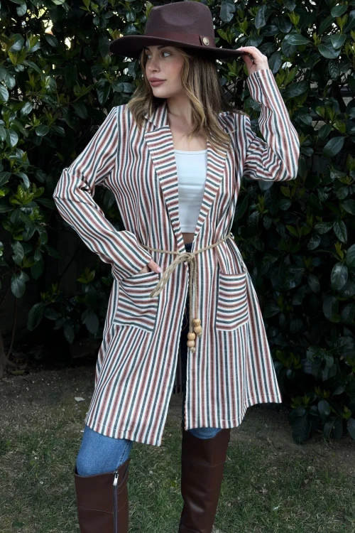 Kırmızı Çizgili Uzun Boyfriend Ceket BCBSK-25700-3272