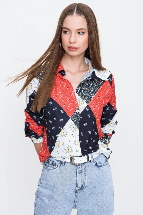 Kırmızı Desenli Uzun Kol Gömlek BCBSK-25700-K6074