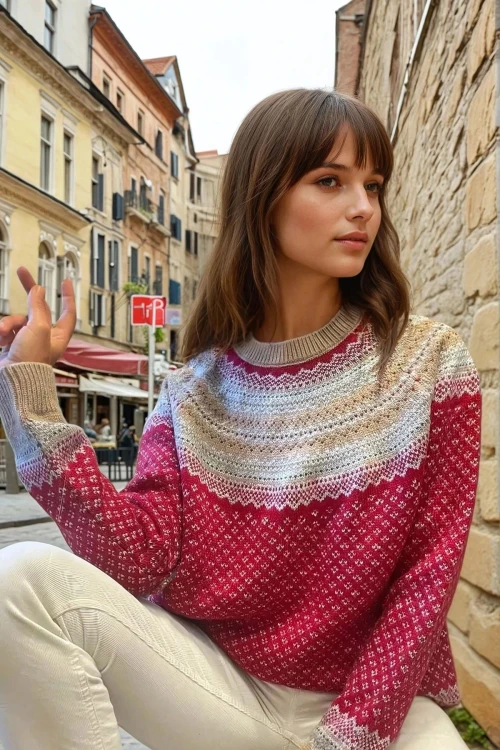 Kırmızı Ekru Triko Dokulu Oversize Yumuşak Kazak BCBSK-25700-CCK2023