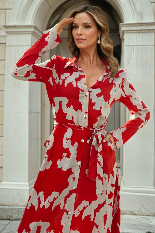 Kırmızı Hafif Kumaş Desenli Elbise BCBSK-25700-3413